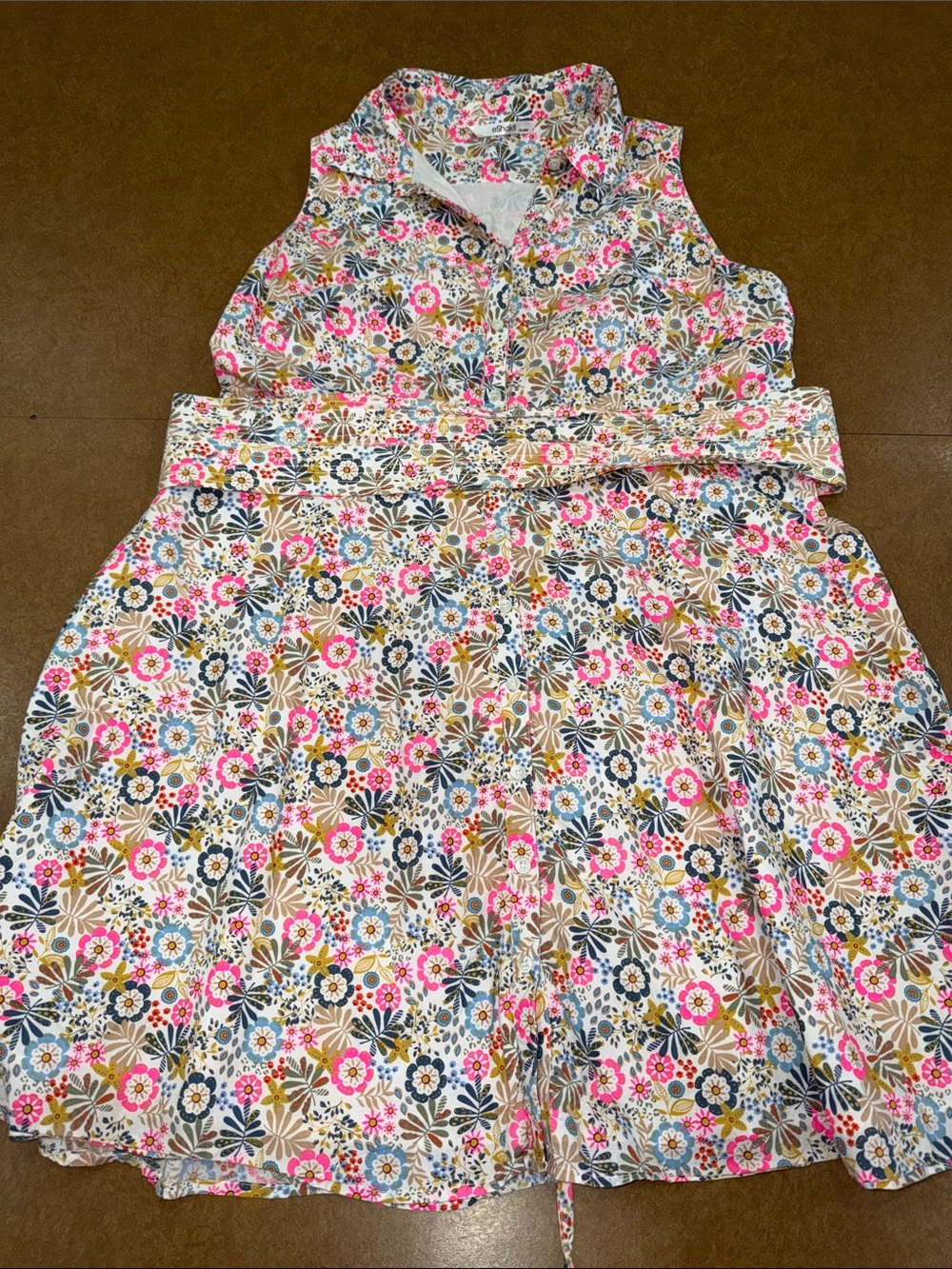 eshakti Floral Sleeveless Button Down Belted White Dress in Pink, Blue, Olive